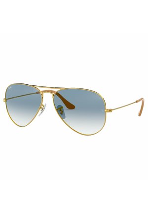 Occhiali da sole aviator in metallo dorato con lenti blu sfumate, dettagli in plastica marrone sulle astine e naselli regolabili.