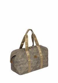 Borsa a tracolla in un tessuto brown intrecciato con trama, con cinturini in satin beige e una cerniera. Presenta una piccola etichetta con logo sul davanti.