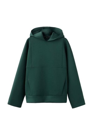 Sweat-shirt à capuche vert foncé avec une coupe décontractée, présenté dans un tissu texturé et une silhouette surdimensionnée, avec des coutures minimales et des poignets et un ourlet côtelés.