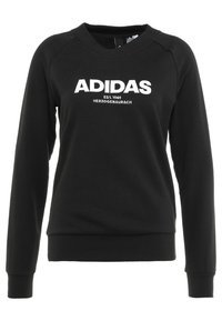 Sweat-shirt noir avec un col rond, des manches raglan et un logo "ADIDAS" brodé en blanc. Tissu doux à la texture lisse.
