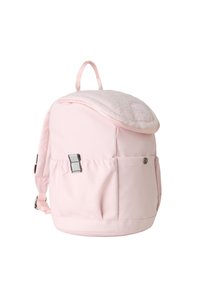 Pink backpack made of smooth fabric with a fluffy top flap, side pocket, adjustable straps, and a round base for added stability.