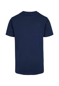 Navyblå bomulds T-shirt med korte ærmer og rund halsudskæring. Glat tekstur og enkelt design; uden synlige logoer eller mønstre.
