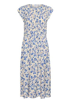Kwiatowa sukienka midi na kremowym tle, ozdobiona niebieskimi i żółtymi kwiatami, z okrągłym dekoltem i rękawami typu cap. Posiada elastyczny pas dla lepszego dopasowania.