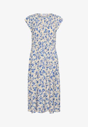 Kwiatowa sukienka midi na kremowym tle, ozdobiona niebieskimi i żółtymi kwiatami, z okrągłym dekoltem i rękawami typu cap. Posiada elastyczny pas dla lepszego dopasowania.