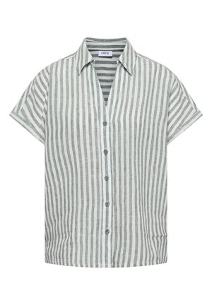 Kvinde iført en grøn og hvid vertikalt stribet skjorte med knapper og krave, vist fra hagen til midten af overkroppen mod en lys baggrund.