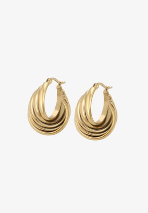 Gouden oorbellen met een gelaagde design, bestaande uit vijf concentrische ringen. Gladde, gepolijste oppervlakte met een scharniergesp.