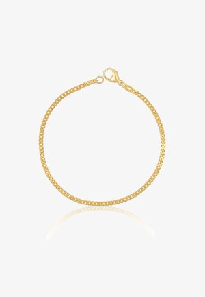 Goldkettchenarmband mit ineinandergreifenden Gliedern und sicherem Karabinerverschluss. Polierte Oberfläche sorgt für Glanz und reflektiert das Licht effektiv.