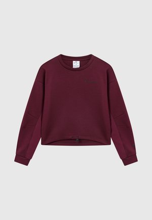 Sweat-shirt court bordeaux avec un col rond, des manches longues, un cordon de serrage à l'avant et un petit logo vert sur la poitrine. Tissu en mélange de coton.