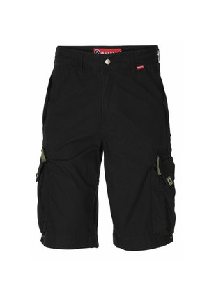 Crne cargo kratke hlače od pamuka. Imaju džepove sa strane, zeleni akcenti i oznaku na remenu. Dizajn do koljena s kopčanjem na dugme.
