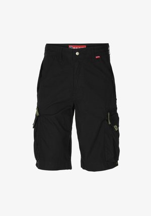 Crne cargo kratke hlače od pamuka. Imaju džepove sa strane, zeleni akcenti i oznaku na remenu. Dizajn do koljena s kopčanjem na dugme.