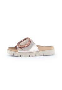 Slide sandal in metallic pink and nude tones, featuring a round beaded accent. Textured rubber sole with a thick, ridged design.