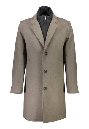 Abrigo de mezcla de lana topo con diseño estructurado, tres botones y un forro interior negro con cremallera. Cuenta con bolsillos laterales y solapas con muesca.