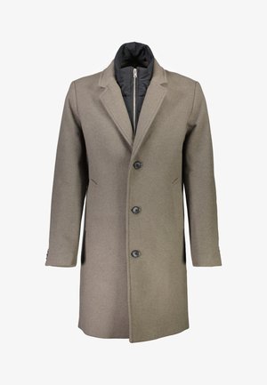 Taupe uldblandingsfrakke med en struktureret design, tre knapper og en lynlåslukket sort inderfor. Har sidelommer og klippede slag.