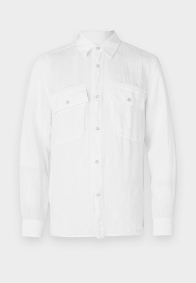 White button-up shirt made of lightweight fabric, featuring a collar, long sleeves, and two front chest pockets with button closures.
