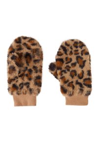 Ahvidekirja mustriga sõrmitud kindad, mis on valmistatud pehmest ja kohevast materjalist, pruuni kootud randmega. Iseloomulikud on tan, musta ja tumepruuni mustrite segu.