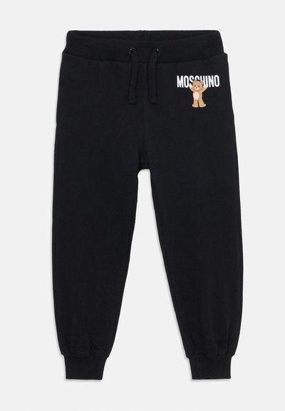 Zwarte sweatpants van een katoenmix, met een tailleband met trekkoord, geribbelde boorden en een Moschino-logo met een berenafbeelding aan de zijkant.