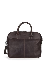 Brun læder laptop taske med dobbelte håndtag og en aftagelig skulderrem. Glat tekstur med minimal syning og lynlåslukning.
