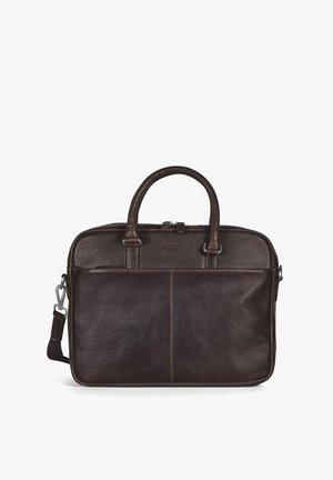 Bruine leren laptoptas met dubbele handvatten en een afneembare schouderriem. Soepele textuur met minimale stiksels en een ritsafsluiting.