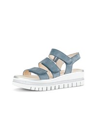 Wedge sandal with three adjustable blue suede straps, a cushioned footbed, and a silver-accented white platform sole with textured tread.