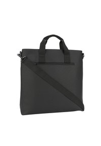 Borsa per laptop nera con superficie texturizzata, doppi manici, una tracolla staccabile e una tasca frontale con zip per ulteriore spazio di archiviazione.