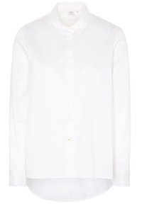 Chemise blanche en coton à manches longues avec un col pointu, fermeture à boutons sur le devant, ourlet arrondi et poignets à un bouton. Texture lisse.