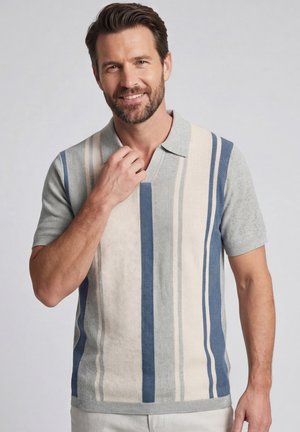 Man met kort donker haar en baard die een grijs, blauw en crème polo met verticale strepen en korte mouwen draagt, glimlacht en raakt zijn kraag aan.