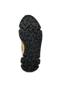 Černá gumová podrážka boty s trojúhelníkovými vzory, s kontrastní stranou oživujícími barvami a texturami. Odolný a protiskluzový design.