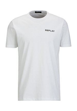 Weißes T-Shirt mit kurzen Ärmeln und Rundhalsausschnitt mit schwarzem "REPLAY"-Logo auf der linken oberen Brust.