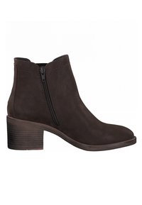 Bottine marron foncé avec fermeture éclair latérale, bout rond et talon bloc empilé, en cuir lisse.