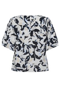 Blusa a maniche corte in tessuto leggero con un motivo floreale astratto in tonalità di nero, azzurro chiaro e beige. Dettaglio a forma di chiave sul retro.