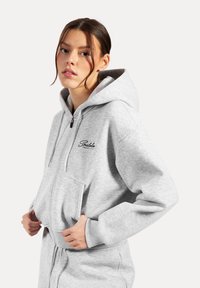 Felpa grigia con zip realizzata in morbido tessuto, caratterizzata da una tasca frontale e un logo ricamato sul petto. Include cordini regolabili sul cappuccio.