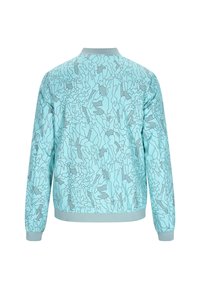 Giacca bomber blu chiaro con un motivo astratto a linee nere. Presenta un colletto e polsini a coste, realizzata in un tessuto morbido e leggermente lucido.