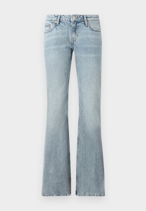 Light blue denim flared jeans with a mid-rise waist, five-pocket design, subtle fading, and contrasting stitching for detail.