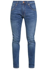 Jeans de mezclilla azul de corte ajustado con bolsillos frontales, pasadores para cinturón y un cierre de botón en la cintura.