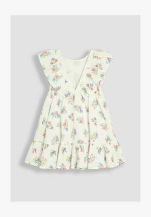 Blomsterkjole lavet af let stof, med v-hals, flæser på ærmerne og en flagrende nederdel med tieret kant i pastelfarver.