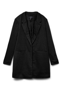 Μαύρο σακάκι με υφασμάτινη υφή, πέτα με εγκοπές, δύο τσέπες μπροστά και ανοιχτό μπροστινό σχέδιο. Λείος ύφασμα επένδυσης, σχεδιασμένο για άνετη εφαρμογή.