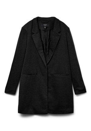 Sort blazer med struktureret stof, indsnævrede revers, to forlommer og åbent frontdesign. Glat foring, designet til en afslappet pasform.