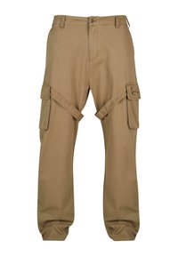 Cargo byxor i beige bomullstyg, med två sidofickor och knäppning i midjan. Designen inkluderar extra sömnadsdetaljer.