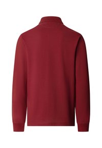 Polo à manches longues de couleur rouge foncé. Caractéristiques : col polo, texture lisse et détails de coutures minimaux. Design simple et classique.