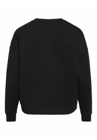 Juodas sportinis megztinis su apvaliu kaklu, nusmukusiais pečiais ir raibu rankogaliais. Lygus paviršius; be akivaizdžių raštų ar akcentų.