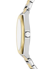 Nerezové hodinky se stříbrným a zlatým osmiramenným pouzdrem, hladkým bílým ciferníkem a spojeným kovovým náramkem s vyraženým logem.