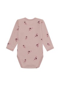 Body neonato a maniche lunghe di colore rosa con ballerine dai capelli neri che tengono ombrelli stampate su tutta la superficie.