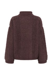 Burgunderfarbener Strickpullover mit strukturierten vertikalen Streifen an den Ärmeln und am Rücken, mit einem gerippten hohen Kragen und Bündchen.