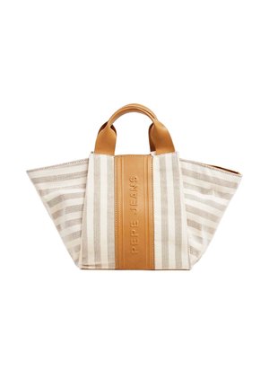 Bolsa de tela a rayas con detalles y asas de cuero marrón. Presenta un panel central de cuero con el logotipo embosado "PEPE JEANS".