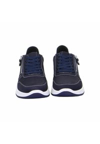 Navy blue sneakers with a smooth, perforated texture, featuring white accents and laces. Side zipper for added convenience. Lightweight design.