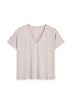 Jasny taupe krótki rękaw top z dekoltem w serek, wykonany z miękkiej, gładkiej tkaniny; charakteryzuje się luźnym krojem i zaokrąglonym dołem.