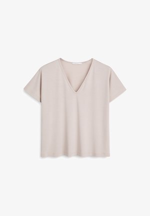 Jasny taupe krótki rękaw top z dekoltem w serek, wykonany z miękkiej, gładkiej tkaniny; charakteryzuje się luźnym krojem i zaokrąglonym dołem.