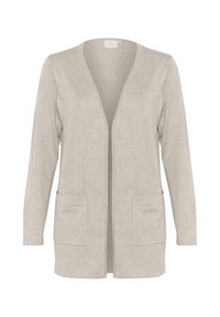 Lichtgrijze cardigan van zacht materiaal, met een V-hals, open voorkant, lange mouwen en twee voorzakken.