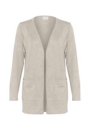 Hele hall kardigan pehmest kangast, millel on V-kujuline kaelus, avatud esiosa, pikad varrukad ja kaks eesmist taskut.