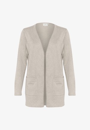 Hele hall kardigan pehmest kangast, millel on V-kujuline kaelus, avatud esiosa, pikad varrukad ja kaks eesmist taskut.